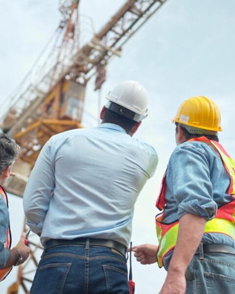 Three construction workers in hard hats looking at a crane on a job site, symbolising the need of trained Philippines Construction Workforce.