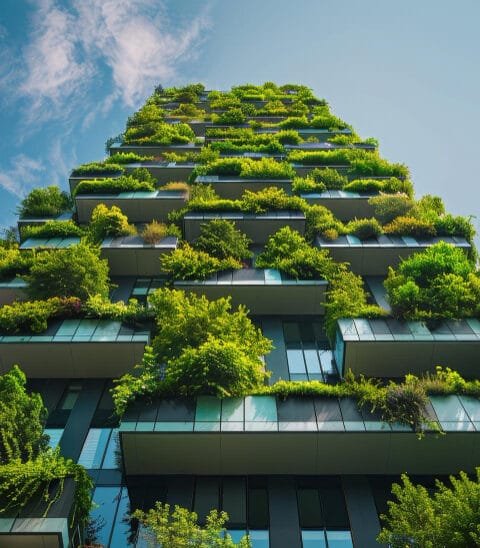 Modern building with green terraced balconies against a blue sky, representing Philippines Green Building Initiatives.