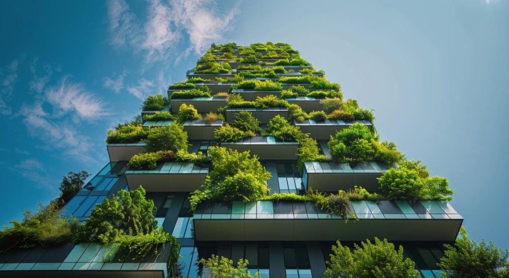 Modern building with green terraced balconies against a blue sky, representing Philippines Green Building Initiatives.