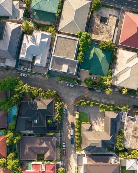 Top view of upscale houses in Greenhills West Village in San Juan, Metro Manila, Philippines, showing the needs of Modular Construction Philippines.