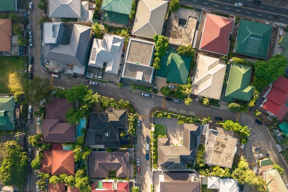 Top view of upscale houses in Greenhills West Village in San Juan, Metro Manila, Philippines, showing the needs of Modular Construction Philippines.