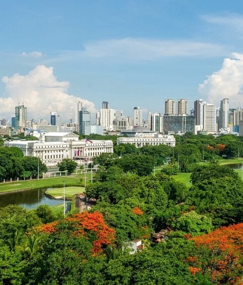 Lush green park with orange-flowered trees in the foreground, overlooking a modern cityscape under a blue sky, symbolising Public-Private Partnerships Philippines.