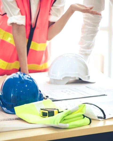 A group of construction workers to represent Philippines Construction Safety Standards. discussing plans at a table with hard hats and safety gear spread out, emphasizing teamwork and safety.