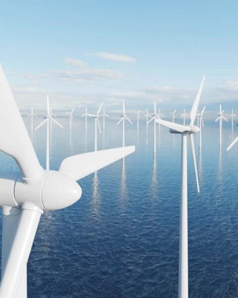 Philippines Offshore Wind Energy: A close-up of a white wind turbine blade against a backdrop of multiple offshore wind turbines in a calm sea under a blue sky.