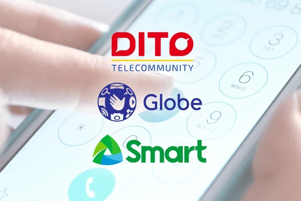 Philippines Telecom Consolidation: A hand tapping a smartphone screen, featuring the logos of DITO Telecommunity, Globe, and Smart telecommunications providers.