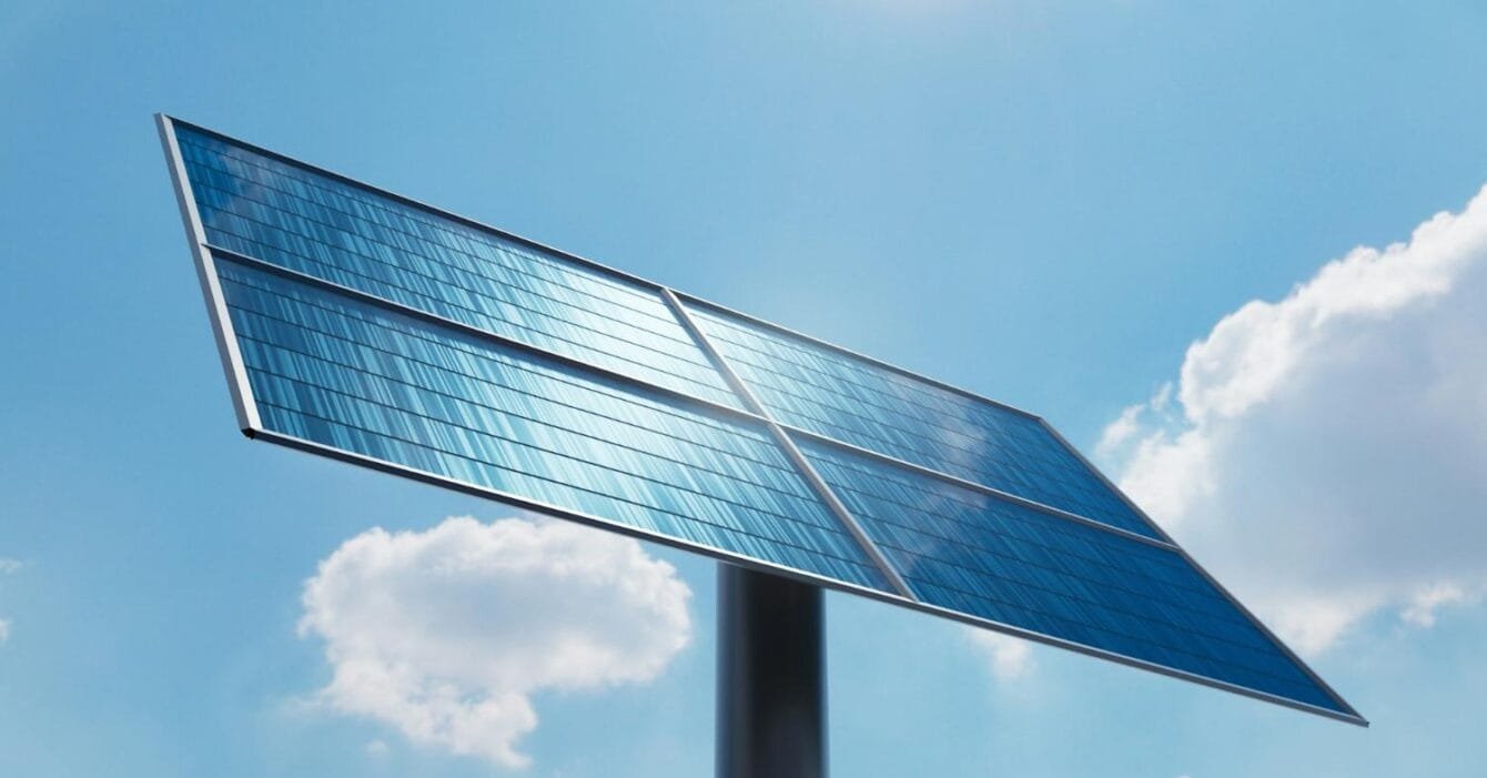 Philippines Solar Power Drop: A solar panel stands against a bright blue sky, capturing sunlight with its reflective panels amidst a few fluffy clouds.