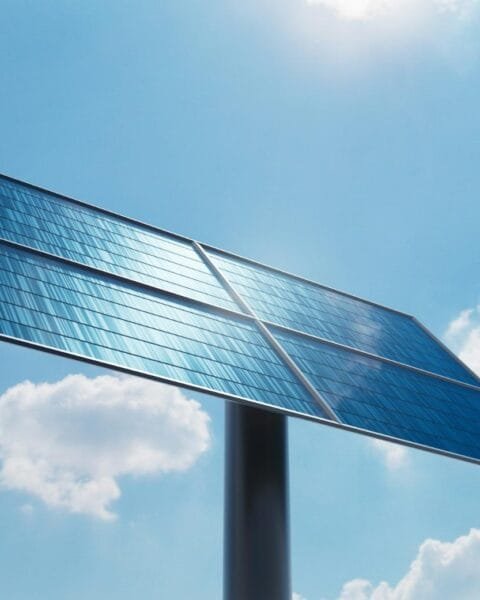 Philippines Solar Power Drop: A solar panel stands against a bright blue sky, capturing sunlight with its reflective panels amidst a few fluffy clouds.