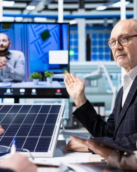 Philippines Renewable Energy Auctions: A group of professionals engaged in a video conference, discussing ideas while a solar panel model is displayed on the table.