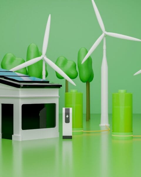 Philippines island microgrids: A modern building with solar panels surrounded by wind turbines and green trees, featuring energy storage batteries.